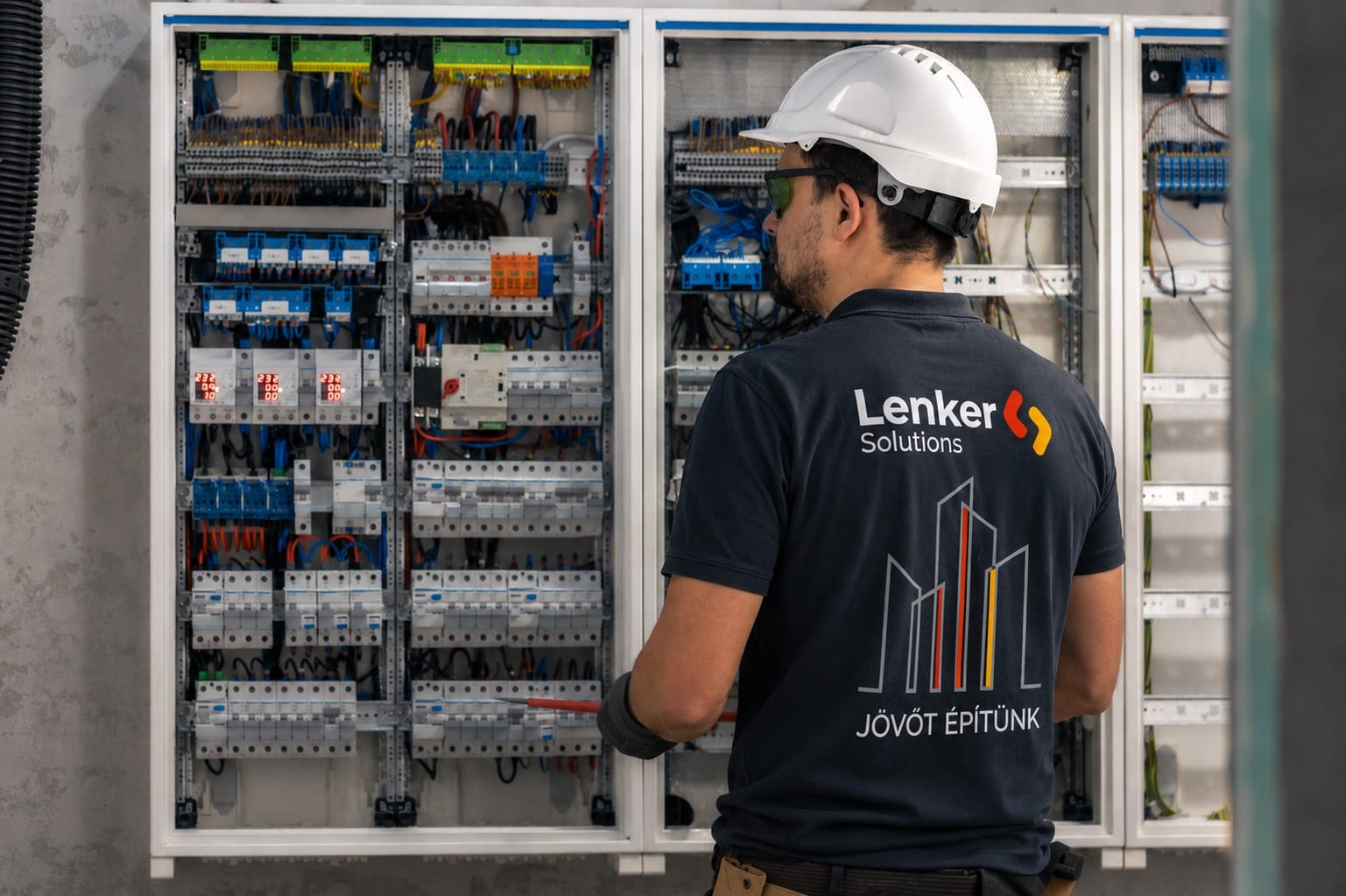 Lenker Solutions feliratú munkaruhát viselő szakember egy villamos vezérlőszekrénynél